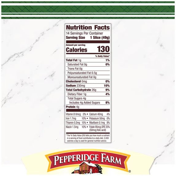 Pepperidge Farm Farmhouse Hearty White Bread - label